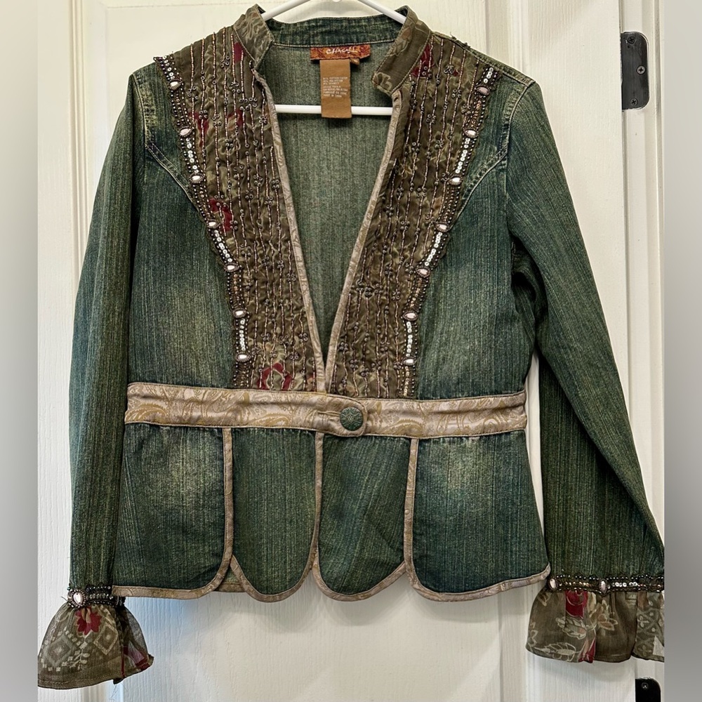 Chagall Mixed Media Embellished Blazer Distressed Denim Jacquard Trim & Back Bow